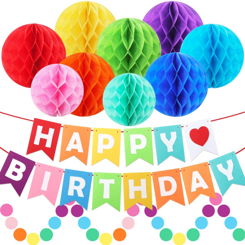 ZJHAI Happy Birthday Banner Decorations, Rainbow Birthday Decorations Set, Paper Flags with 9 Honeycomb Balls and Circle Dots Garland for Door Backdrop Wall Hanging Birthday Party Supplies - Image 1